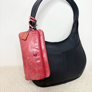 Coach Large Leather Wristlet Coral Red Double Zip Clutch Distressed